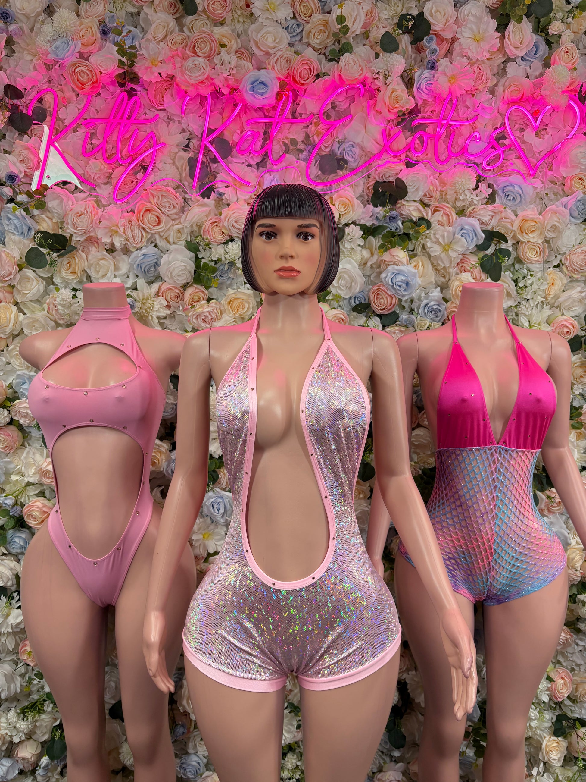 Multicolor fishnet one-piece bodysuit with halter neckline and scoop front