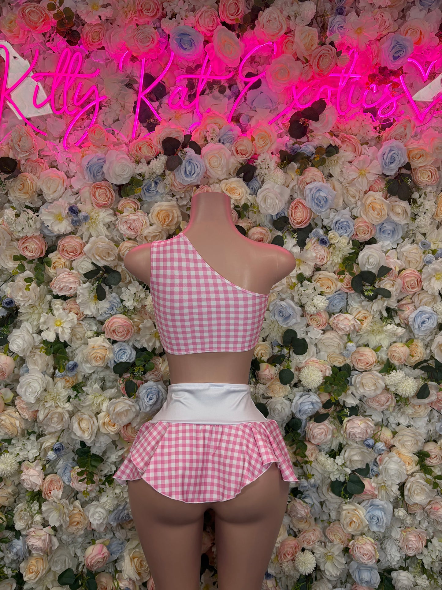 Exotic Dancewear Two Piece Pink White Schoolgirl Skirt Set Festival Wear Exotic Dancewear