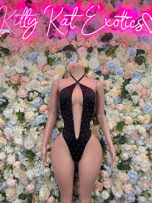 Black rhinestone halter micro thong swimsuit with open back tie, back view