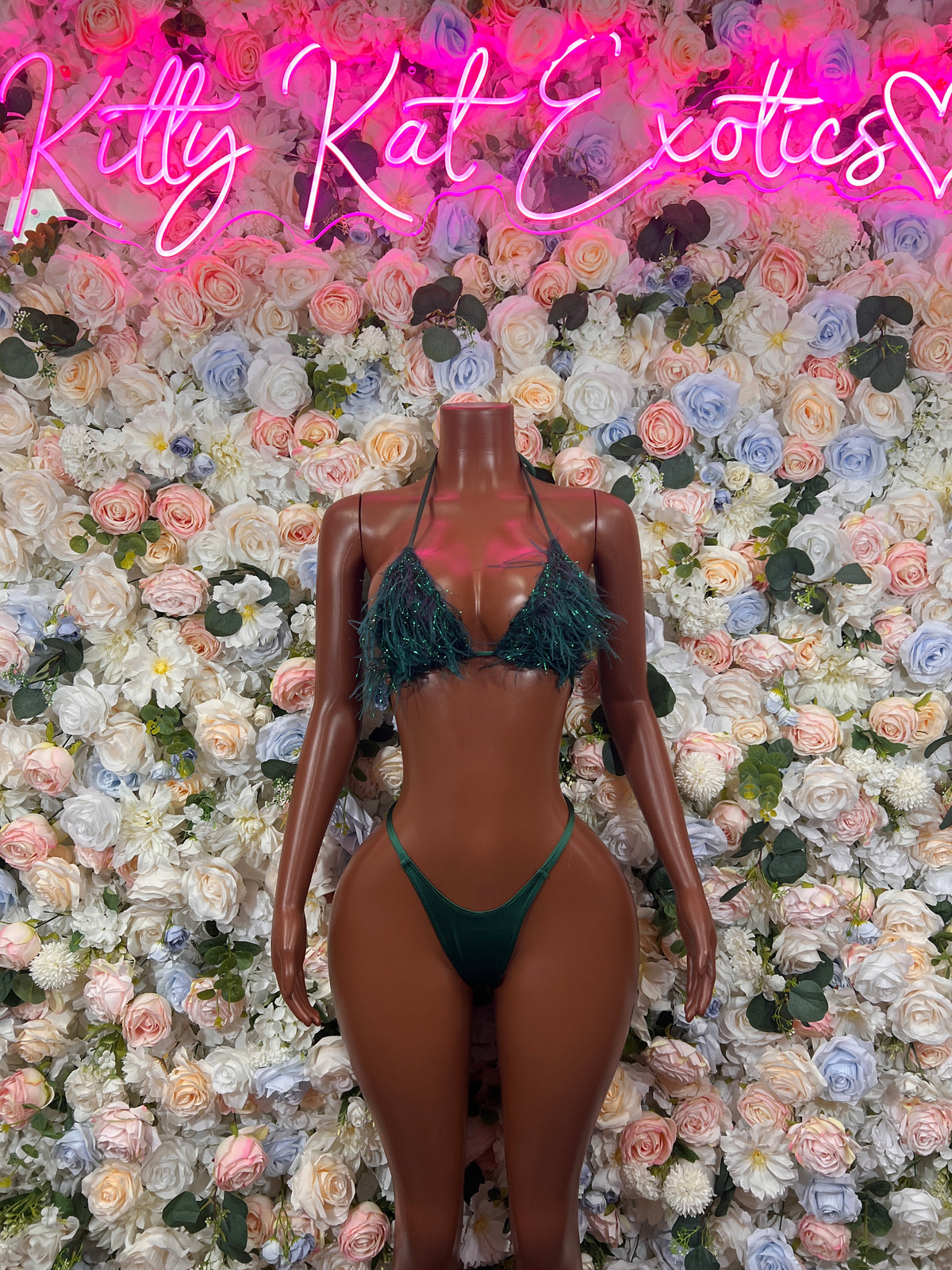 Emerald Green Feather Fringe Two Piece  Rave Festival Exotic Dancewear Sparkly Glitter Club Outfit