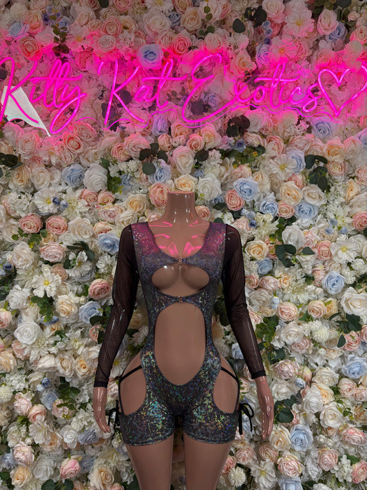 Black metallic sheer long-sleeve bodysuit with oval chest cutout and hip straps