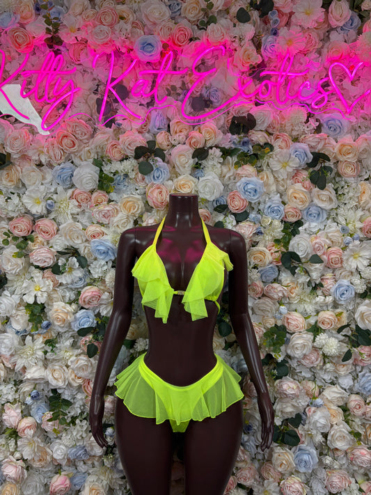 Neon green rave two-piece set with ruffled halter top and skirted bikini bottom