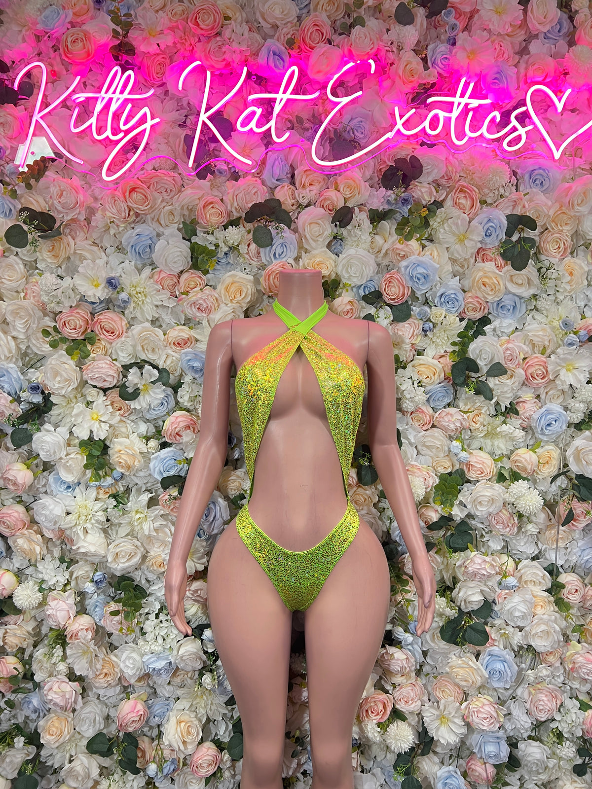 Neon Yellow Holographic Rave Outfit Bodysuit – Festival Dancewear, Bottlegirl Clubwear