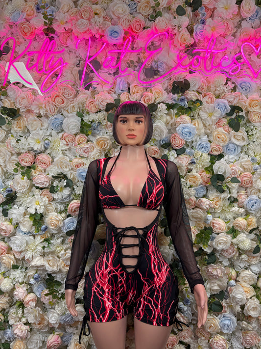 Red electric-line one-piece bodysuit with long sheer sleeves and front lace-up cutouts