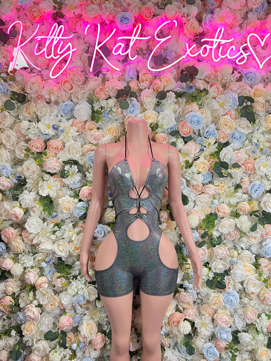 Backless silver metallic bodysuit with halter ties and open back cutout