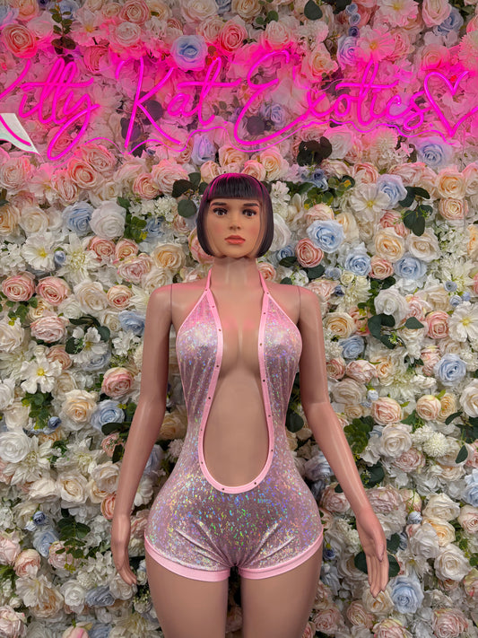 Sparkly pink metallic one-piece bodysuit with deep V front and high-cut legs