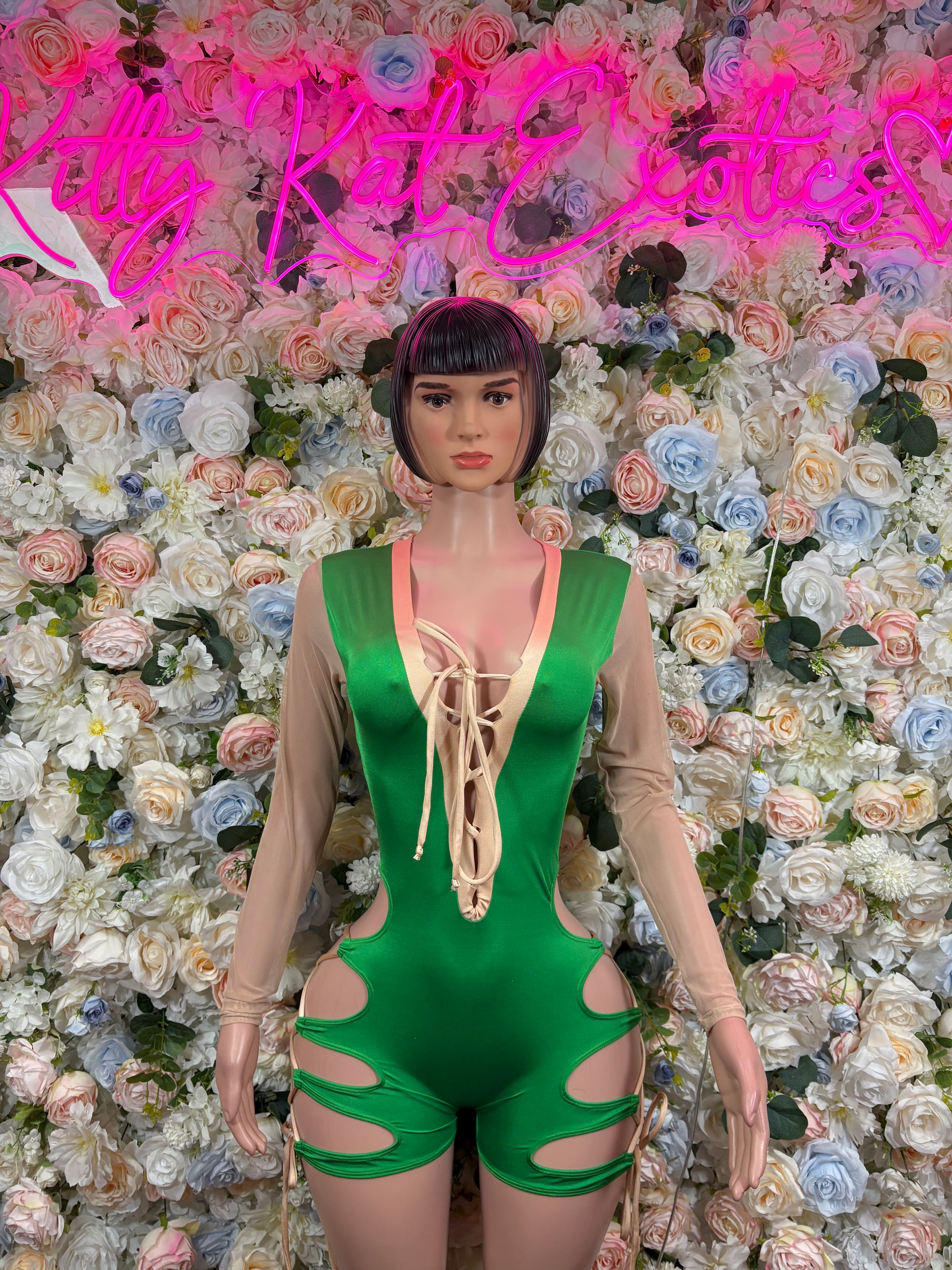 Green cutout lace-up bodysuit, sleeveless one-piece with ribbon ties