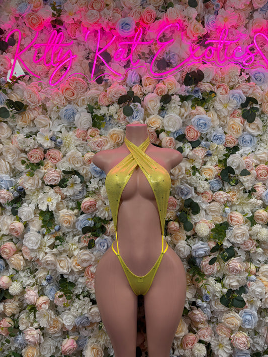 Yellow Metallic Bodysuit - Festival Outfit, Exotic Dancewear, Rave Clubwear, Party Bodysuit