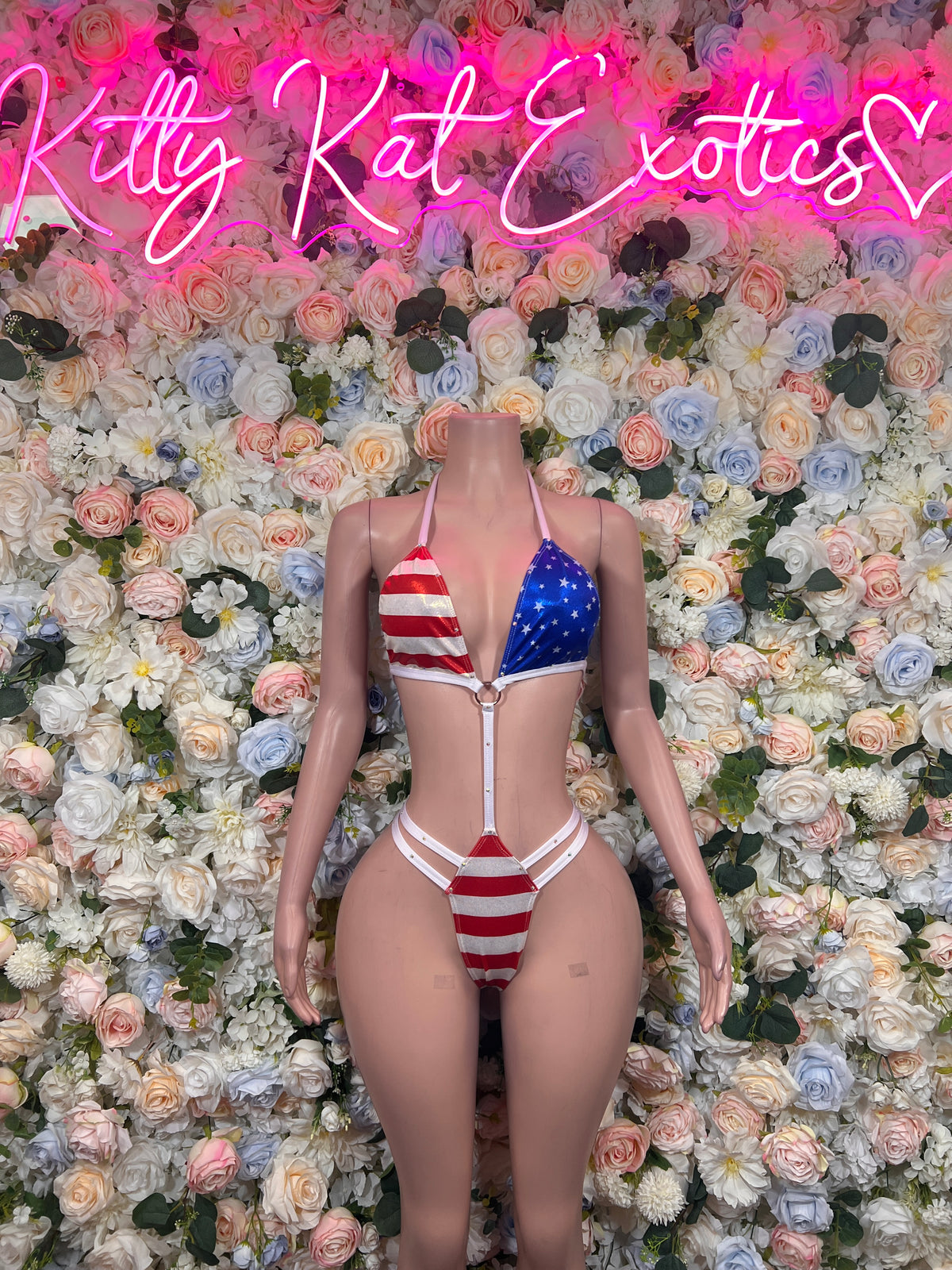 American Flag  Labor Day Halter Stars and Stripes One Piece   – Patriotic Rave Festival Exotic Dancewear