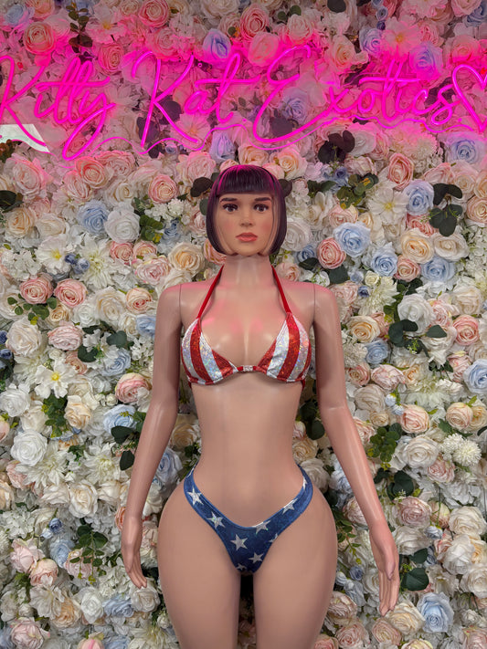 Two-piece bikini set with red/white/blue star triangle top and matching briefs