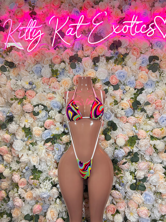 Neon rainbow swirl micro bikini two-piece with tie-side high-cut thong and triangle cups