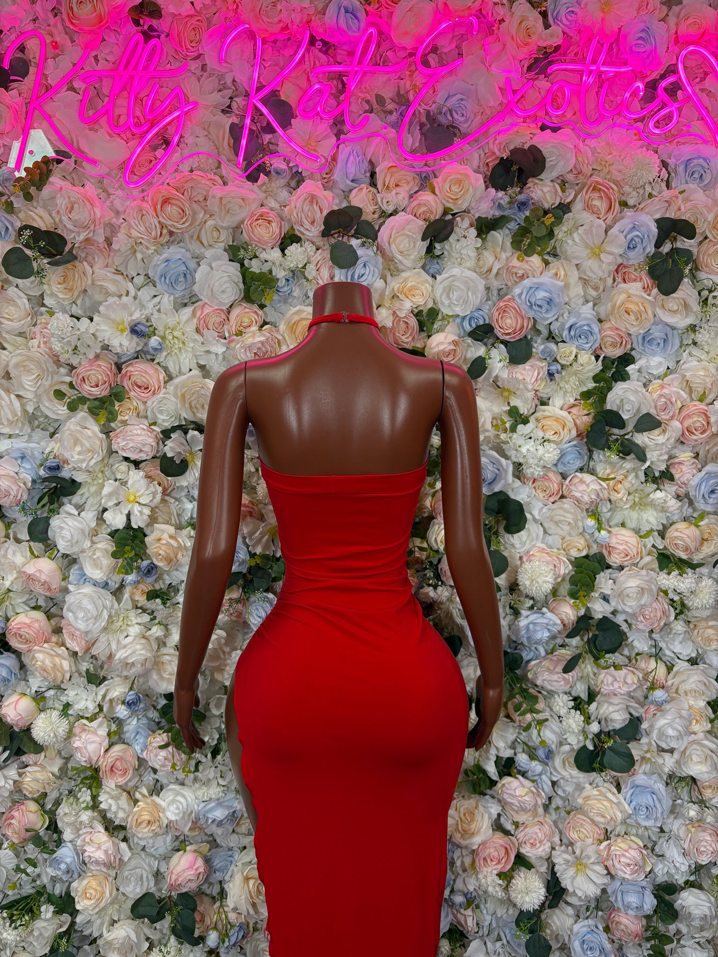 Backless red fitted dance gown, strapless silhouette