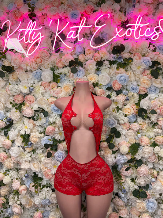 Red lace bodysuit with cutout front and thong-style back, halter straps