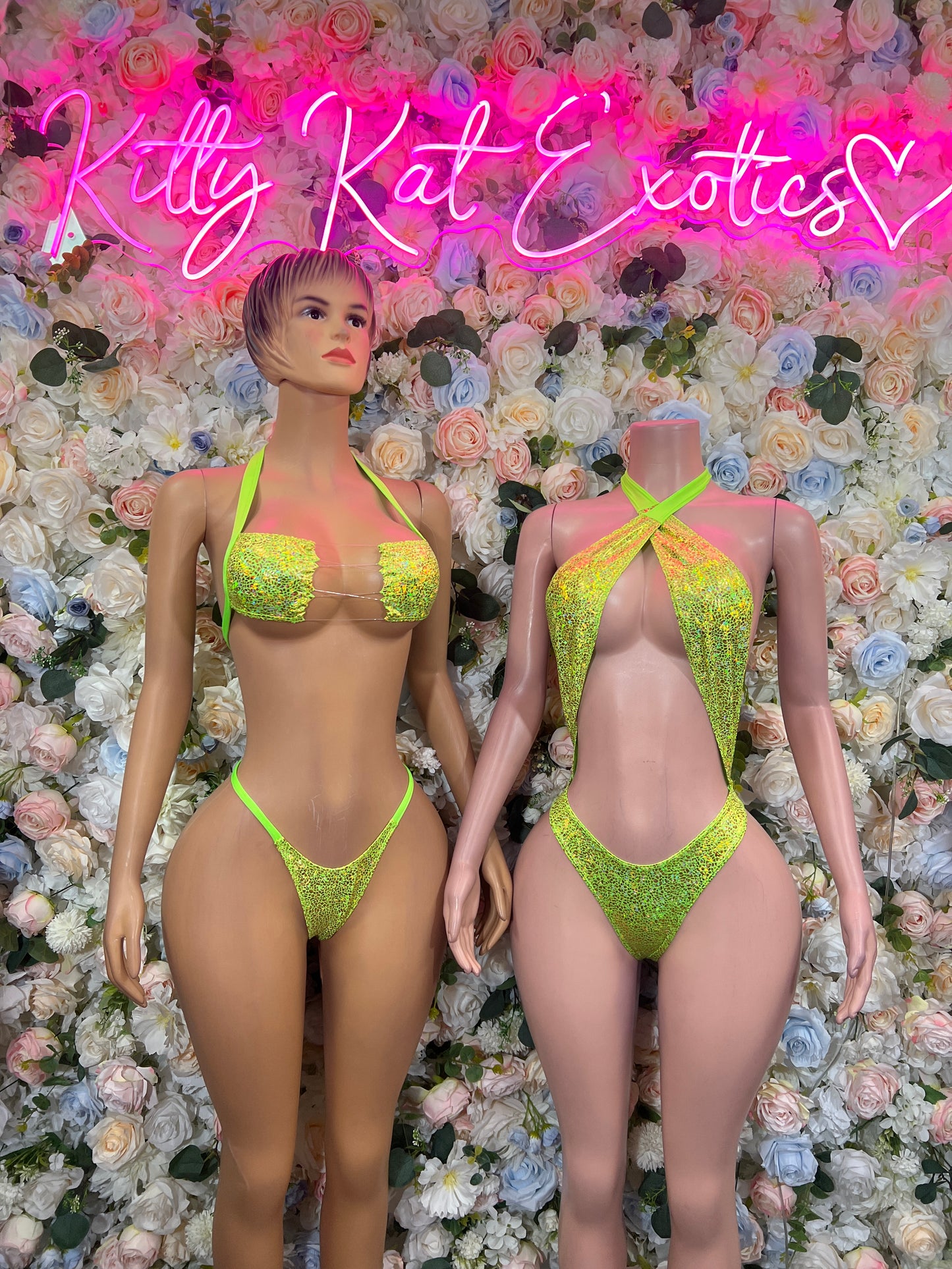Neon Yellow Holographic Bikini Set – Rave Festival Dancewear, Exotic Clubwear