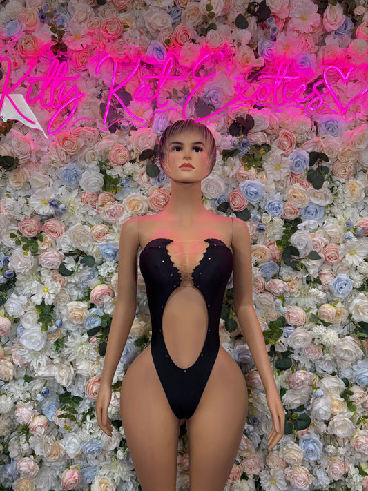 Black one-piece bodysuit with plunging V neckline and central cutout