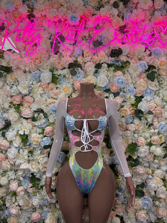 Rainbow holographic one-piece bodysuit with lace-up front and long sheer sleeves