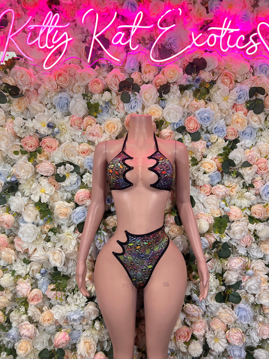 Snake-print two-piece thong set with triangle bra and high-cut thong, multicolor accents