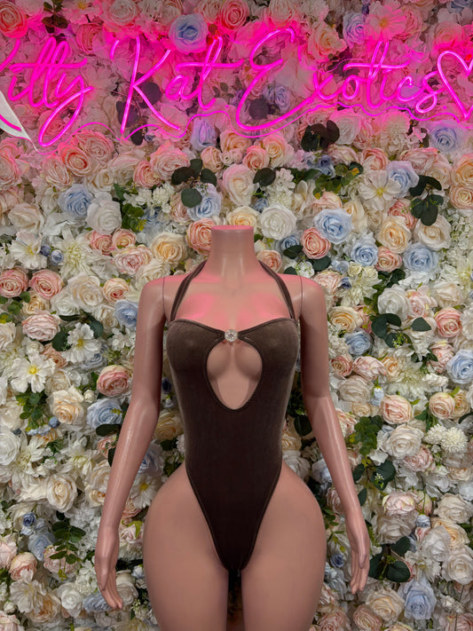 Brown Velvet Bartender Bodysuit - Sexy One Piece Rave Clubwear Outfit for Women Bottlegirl Bottle Service