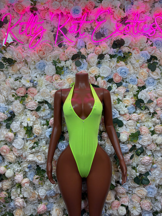 Neon green one-piece bodysuit with deep scoop neckline and thin straps