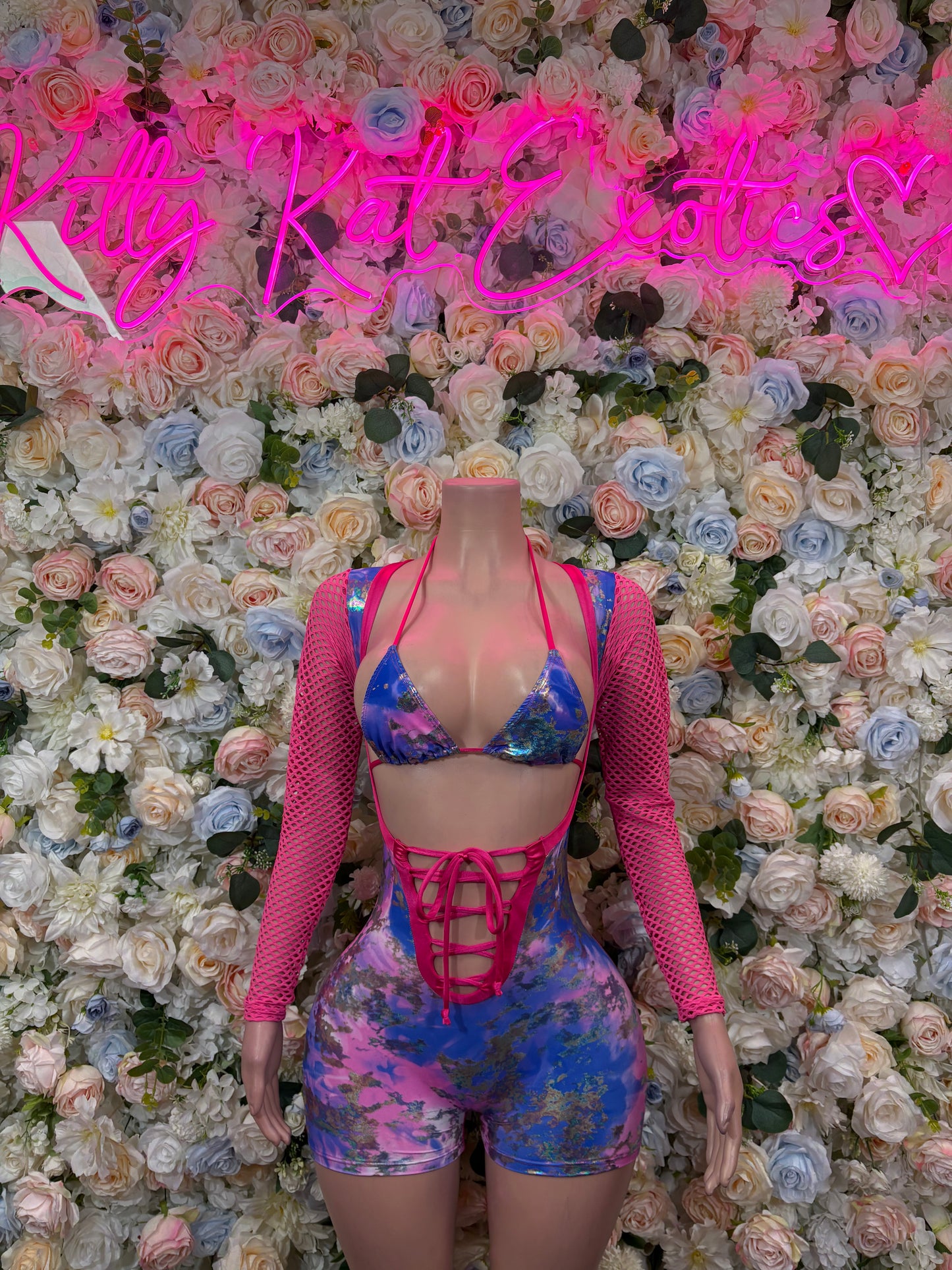 Multicolor metallic bodysuit with long mesh sleeves, pink/blue triangle top and lace-up front