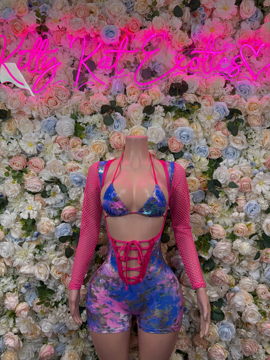 Multicolor metallic bodysuit with long mesh sleeves, pink/blue triangle top and lace-up front