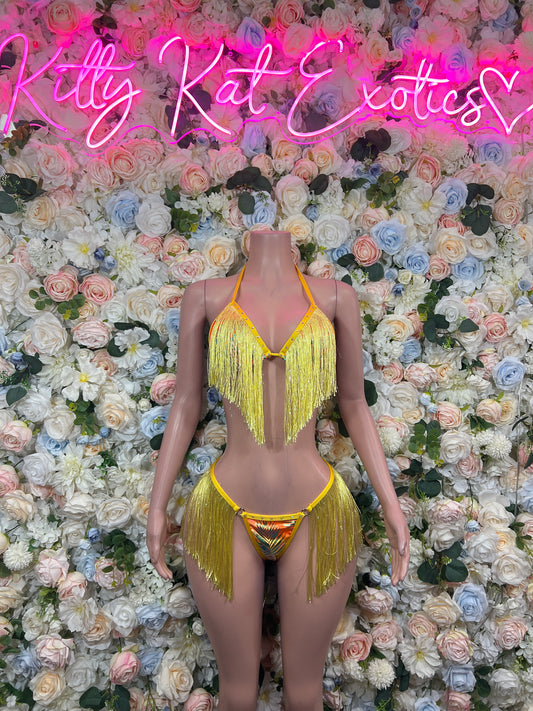 Yellow fringe triangle bikini with tropical-print trim, halter neck and matching bottom