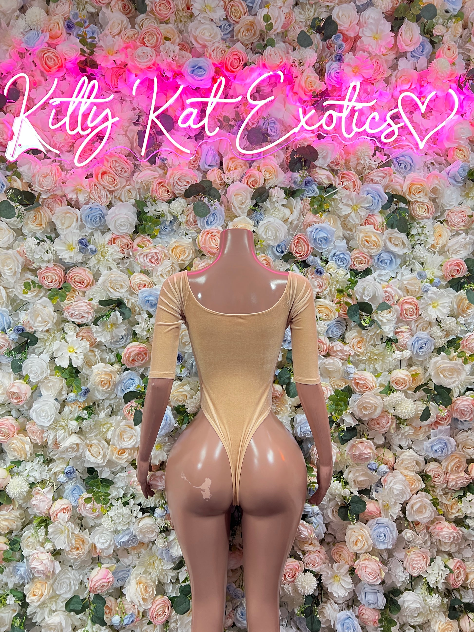 Nude one-piece bodysuit with long sleeves, front tie closure, keyhole cutout