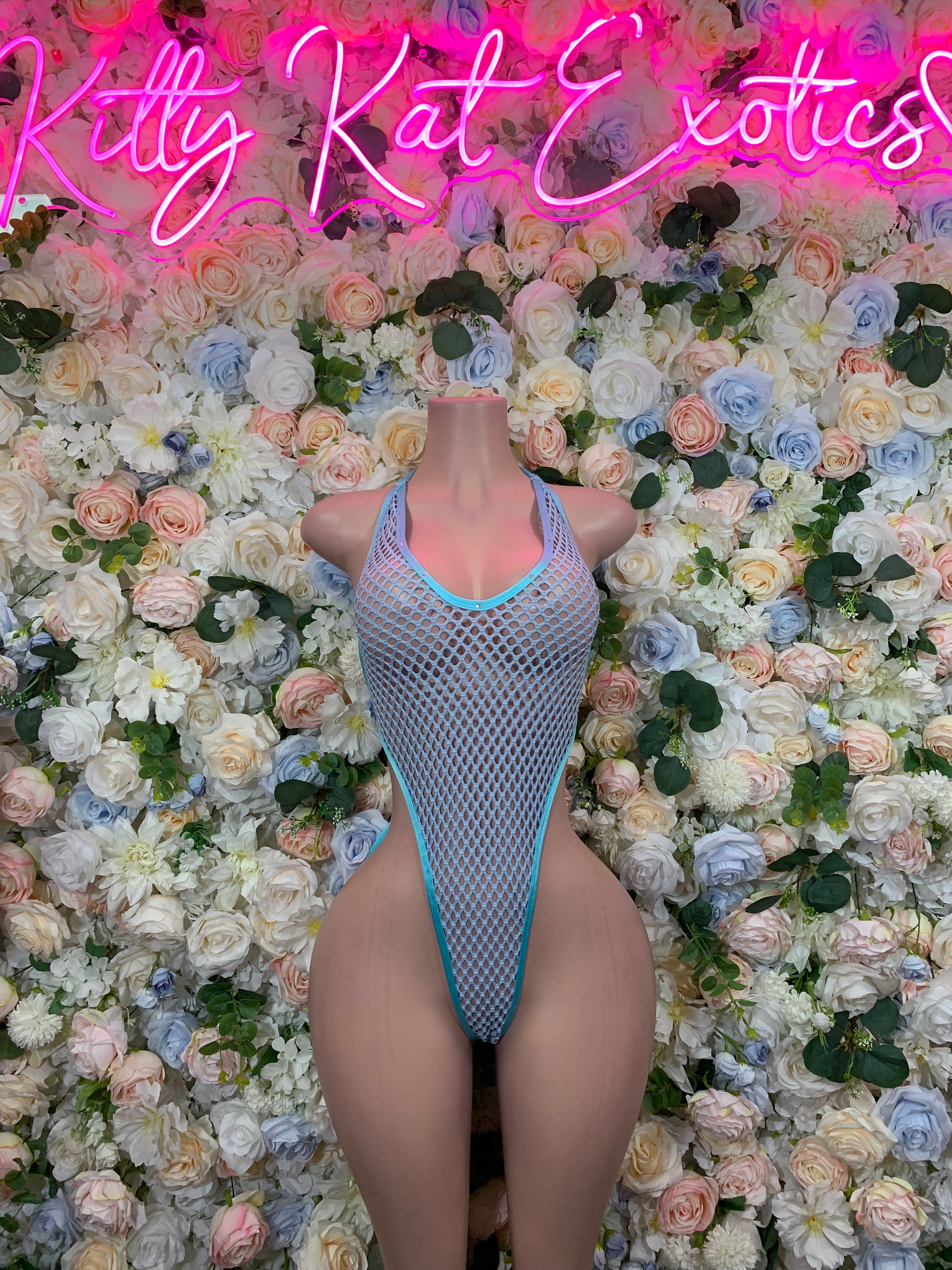 Light blue fishnet one-piece bodysuit with scoop neckline and brief-cut bottom