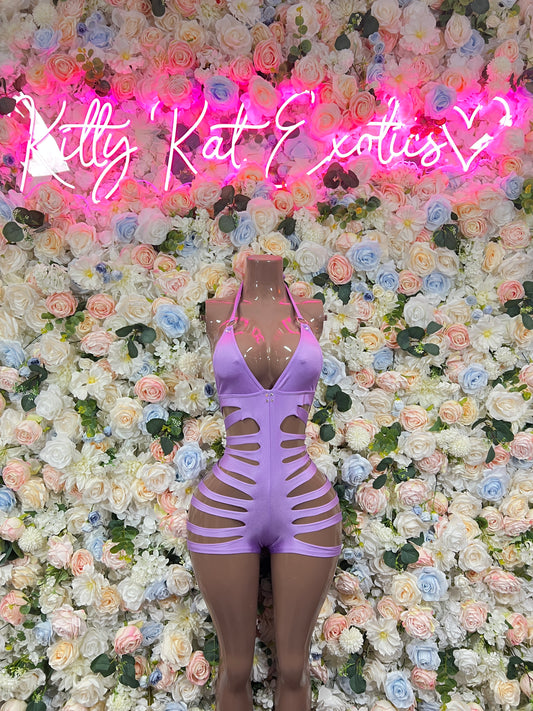 Purple one-piece bodysuit with long sleeves, front V-neck, and strappy lattice cutouts