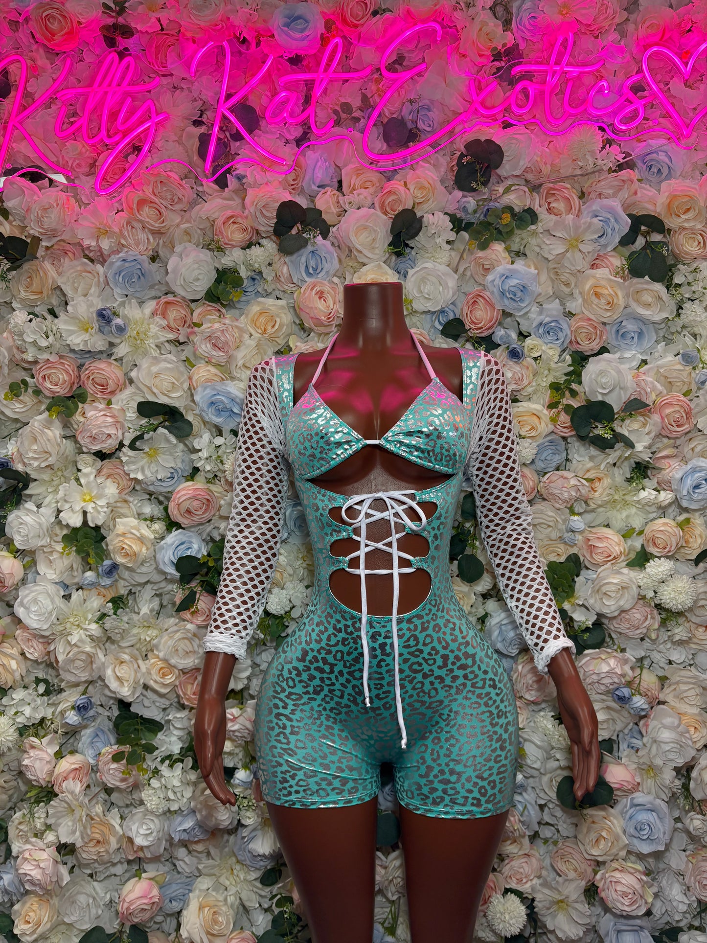 Bottlegirl Bodysuit Turquoise Cheetah Print Bartender Ravewear Festival wear