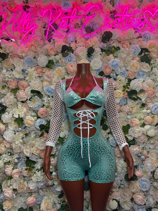Bottlegirl Bodysuit Turquoise Cheetah Print Bartender Ravewear Festival wear