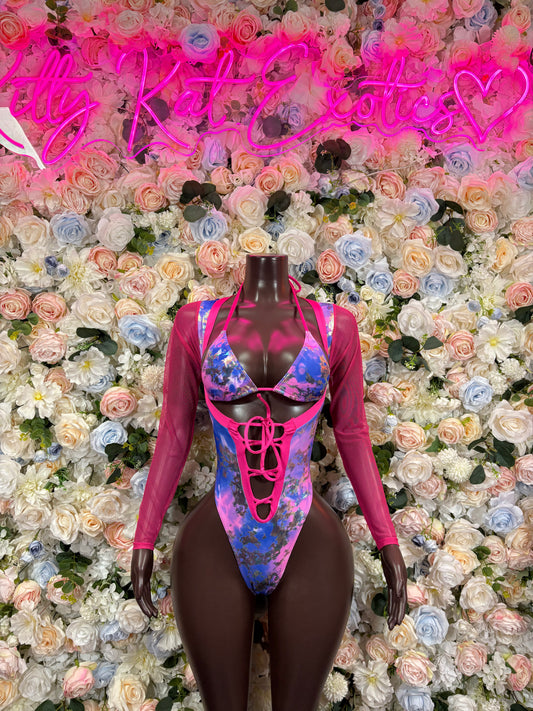 Bottlegirl One-Piece Bodysuit Pink Blue Metallic  - Custom Design | Exotic Dancewear for Performers, Raves, & Nights Out