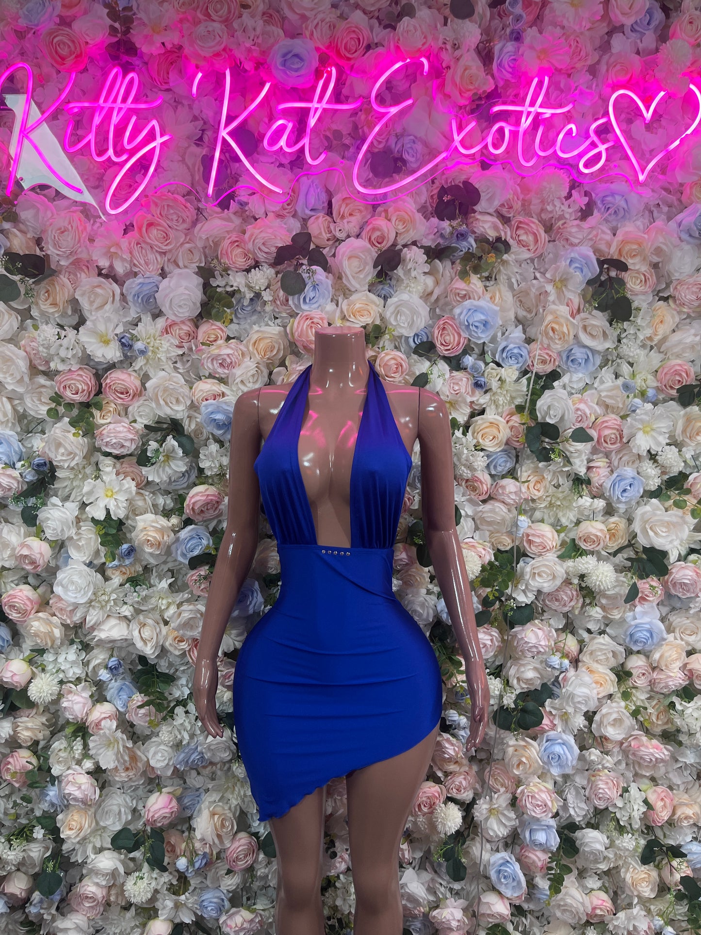 Royal blue mini dress with halter straps and deep open back