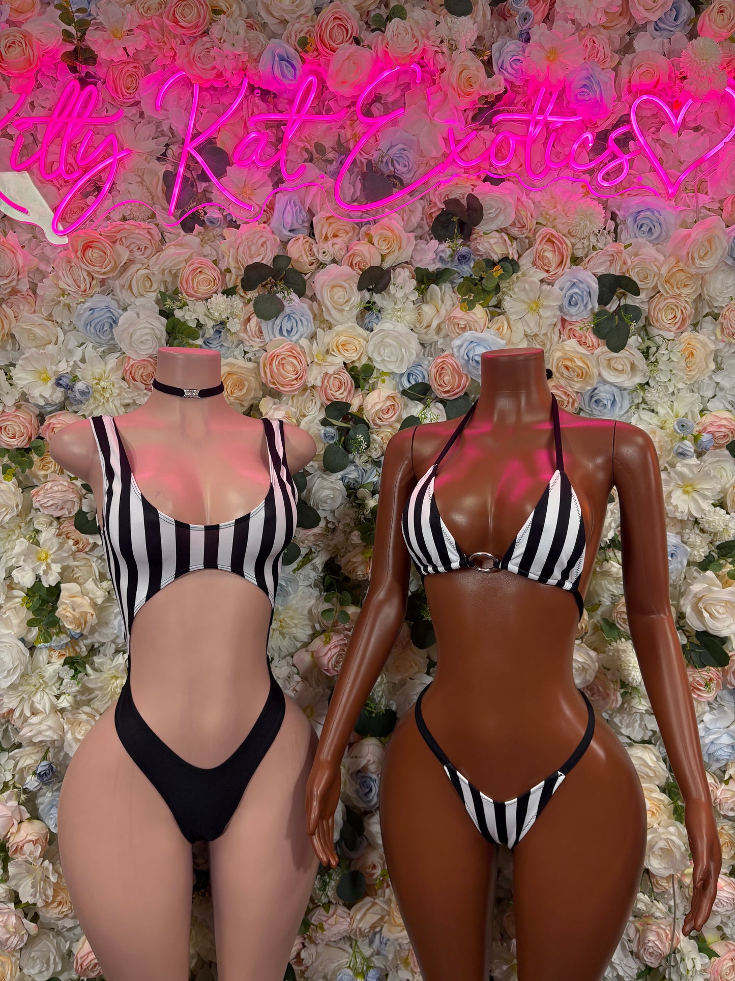 Striped bralette and thong set with black trim on two mannequins
