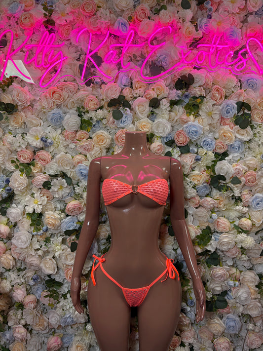 Coral two-piece rave bikini with bow-tie triangle top and string side bottoms