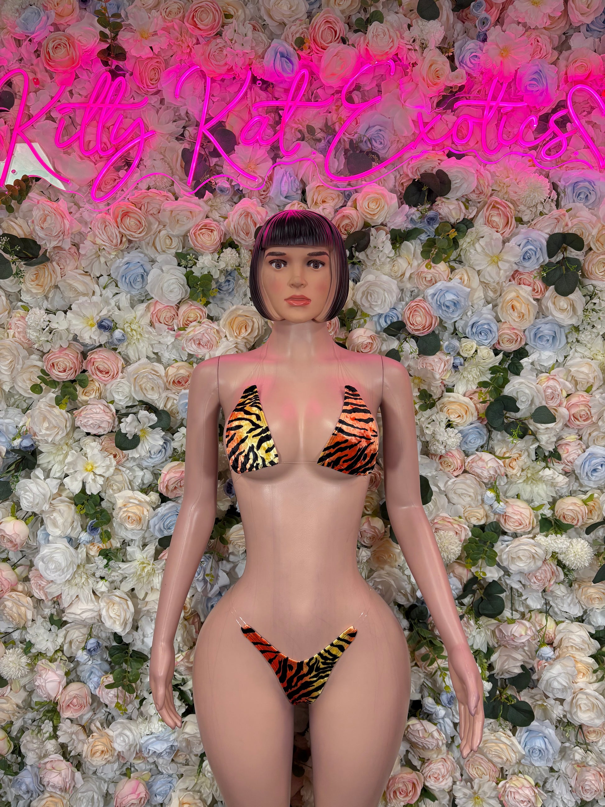 Tiger-print velvet two-piece bikini costume, V-neck triangle top and thong-style bottom
