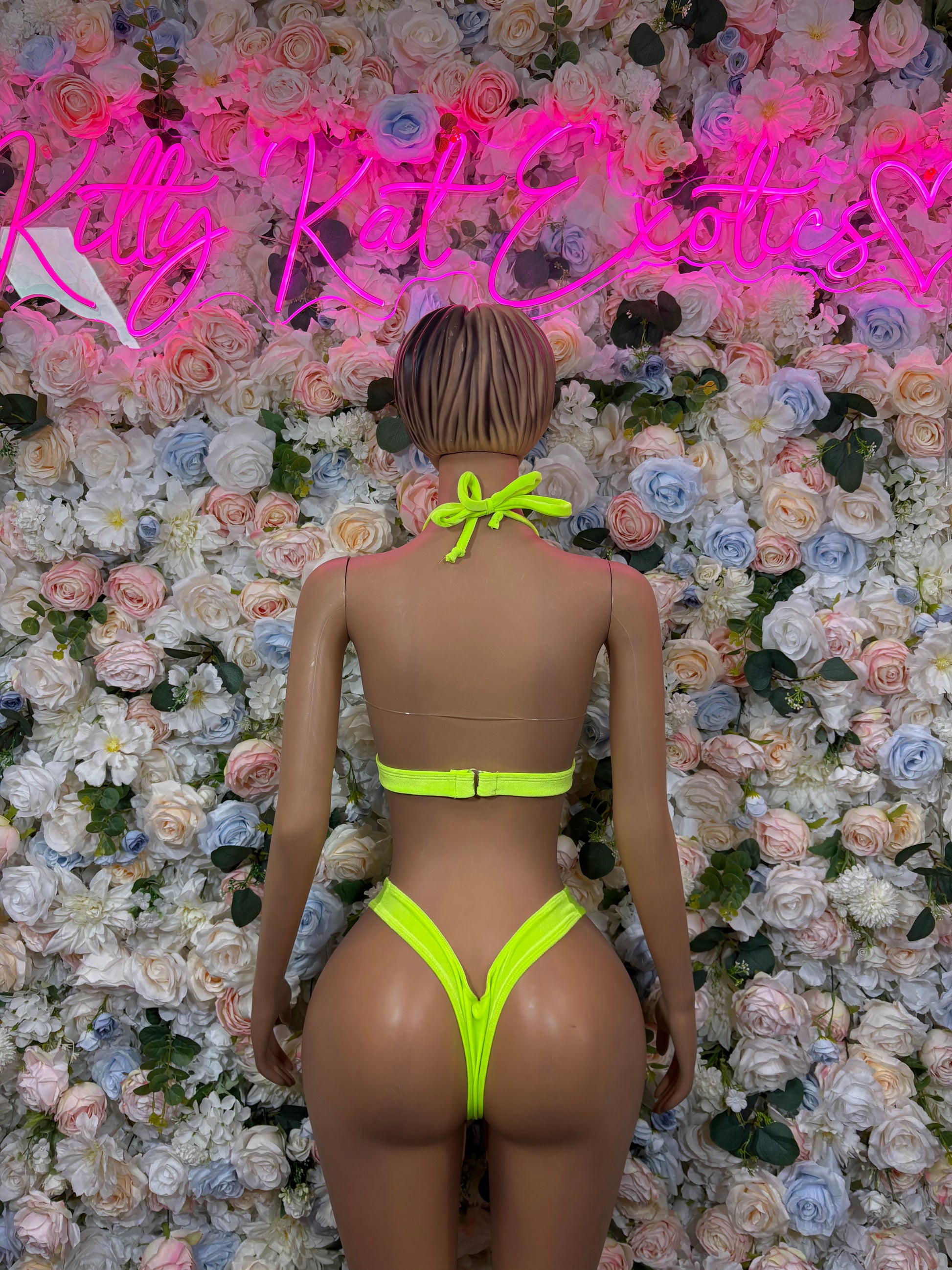 Neon green bikini set with back tie and high-cut bottoms