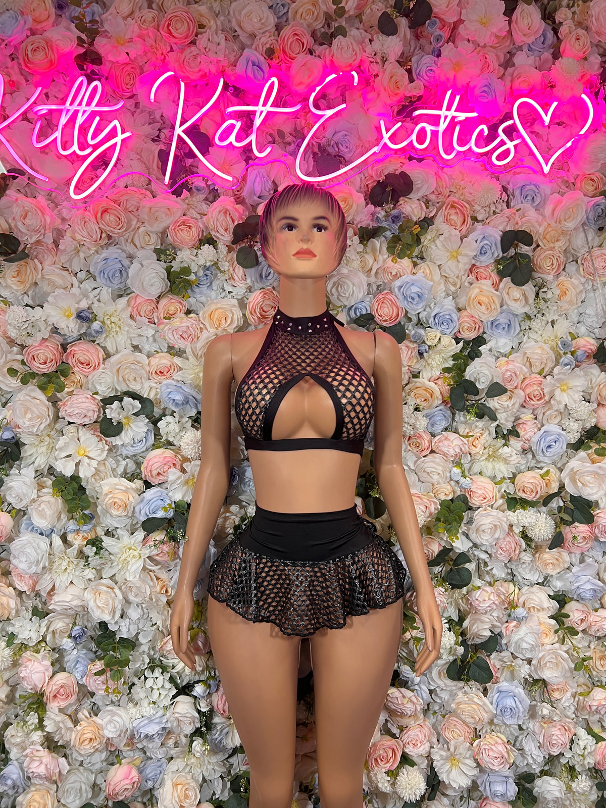 Black Fishnet Rave Outfit, Rhinestone Halter Crop Top, Ruffle Skirt, Festival Costume