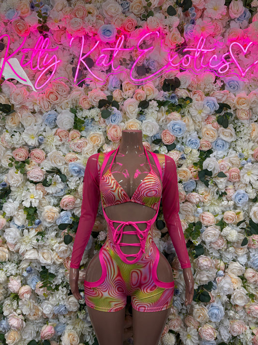 Pink metallic hologram dancewear set with long sleeves, strappy front, high-cut shorts