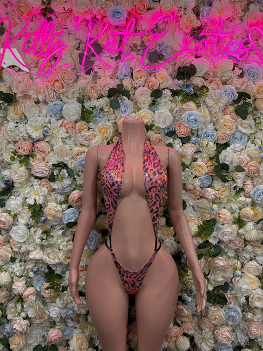 Pink cheetah-print strappy dancewear bodysuit, plunge triangle cups and high-cut leg