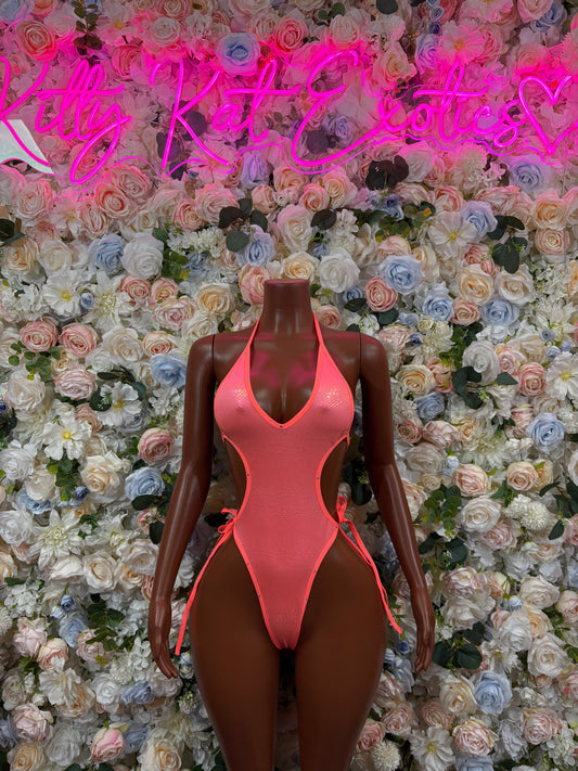 Coral metallic one-piece bodysuit with V-neck and high-leg cut
