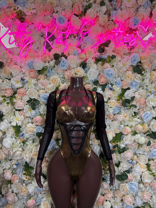 Bottlegirl Bodysuit Christmas New Years Eve Gold Metallic Bodysuit Bottle Service Bartender Outfit VIP Clubwear