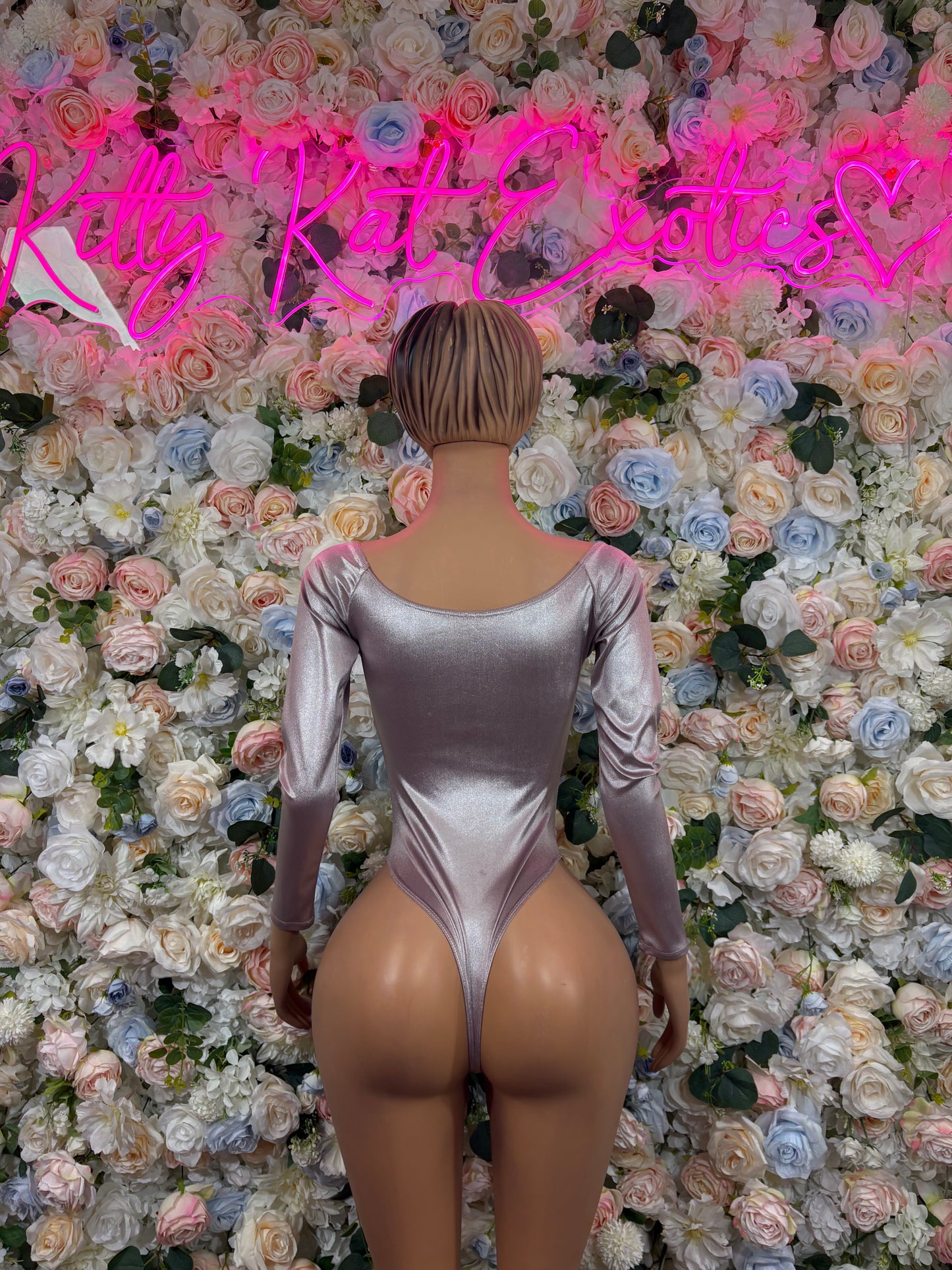 Metallic silver one-piece bodysuit back view with long sleeves