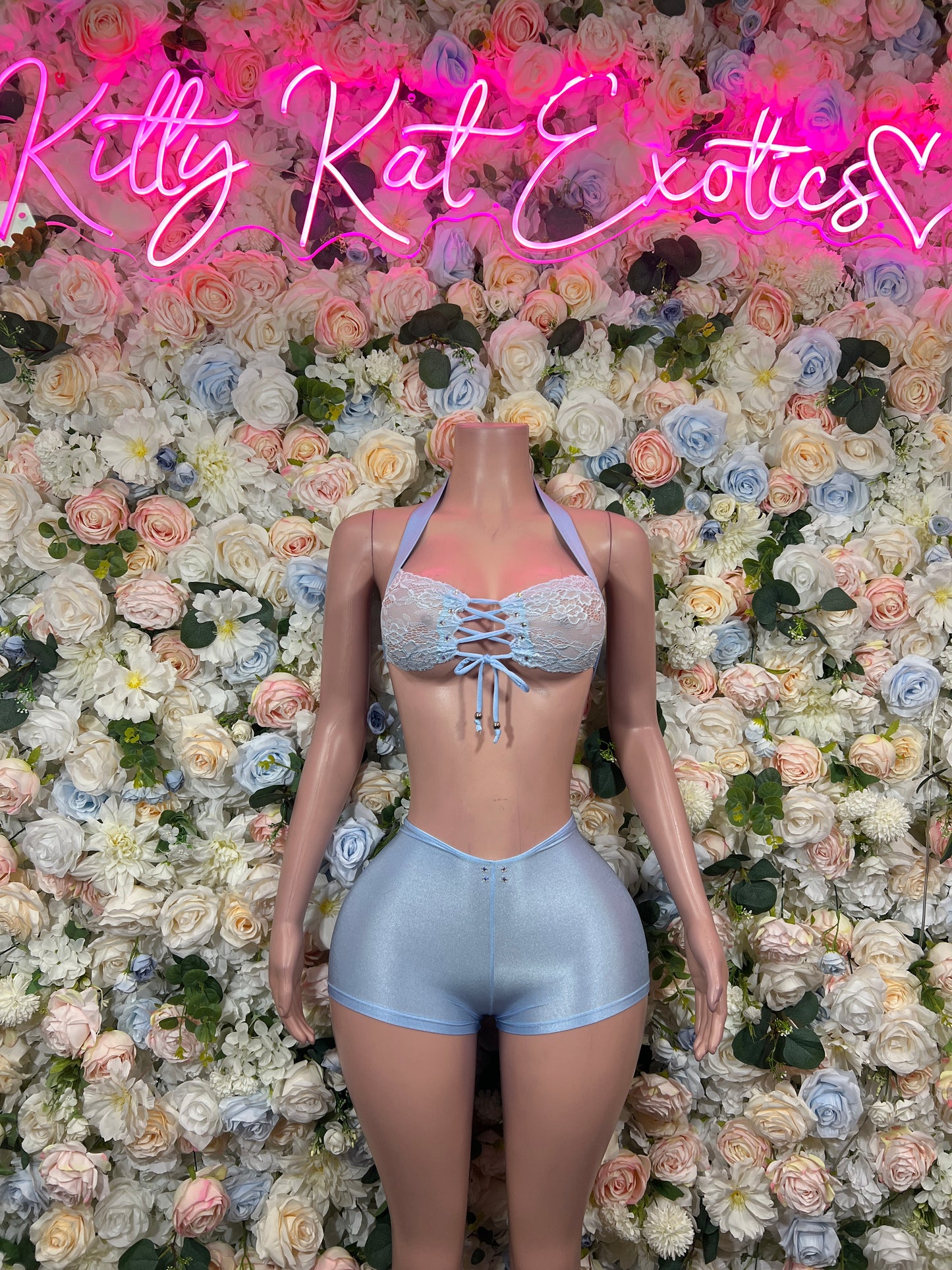 Sky blue monokini with keyhole cut-out and tassel string chest detail