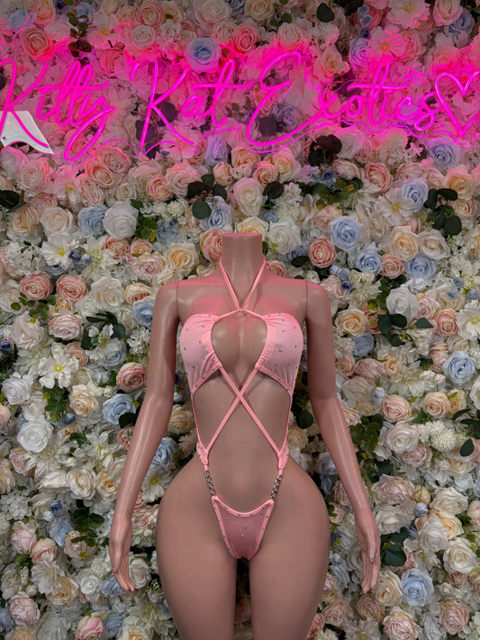 Festival Rhinestone Bodysuit Pink Exotic Dancewear
