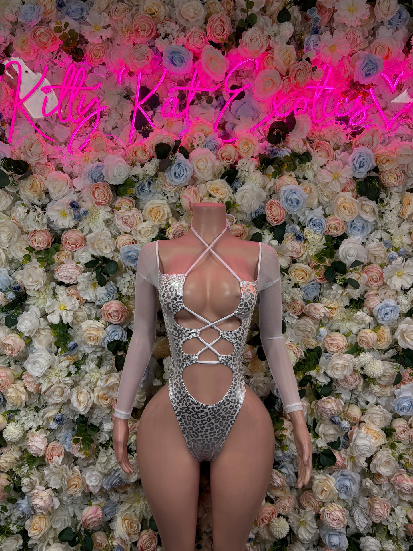 Bottlegirl Bodysuit Silver Cheetah One Piece - Hologram Design | Exotic Dancewear for Performers, Raves