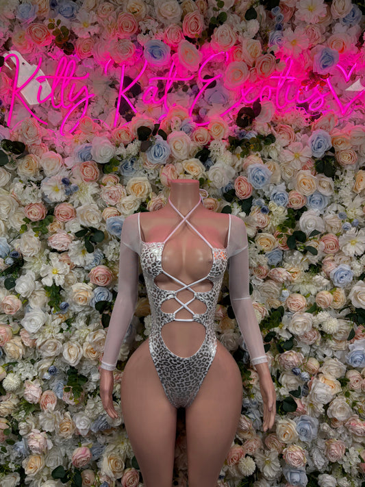 Bottlegirl Bodysuit Silver Cheetah One Piece - Hologram Design | Exotic Dancewear for Performers, Raves