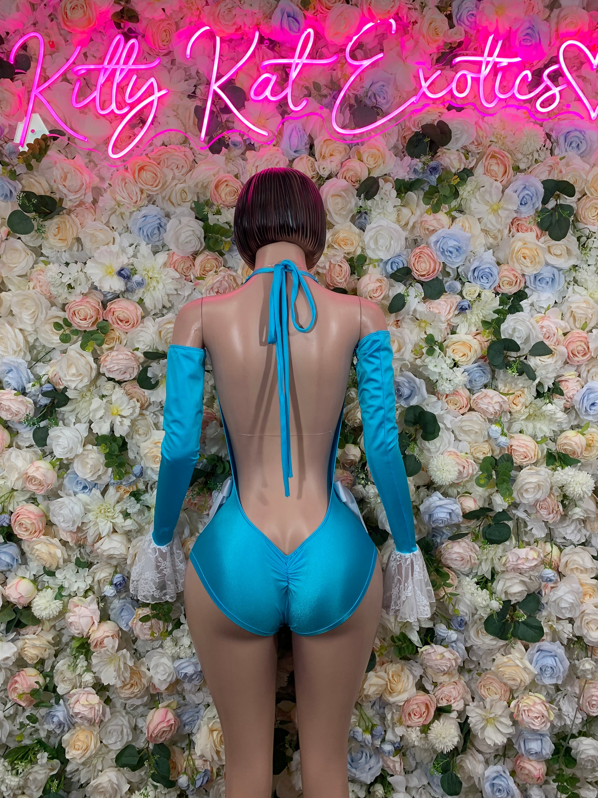 Turquoise long-sleeve one-piece rave bodysuit, open back with neck tie straps