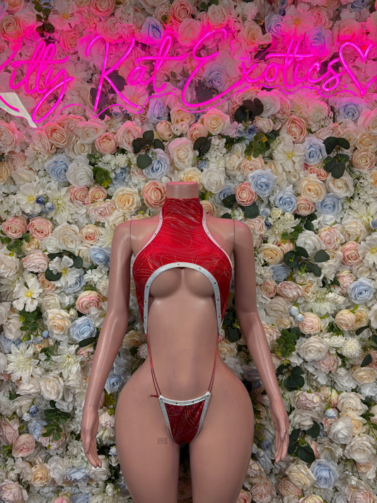 Red metallic slingshot thong bodysuit with halter neckline and back ties