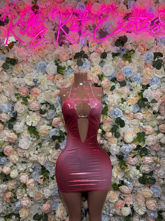 Burgundy metallic halter mini dress with deep V neckline and open back